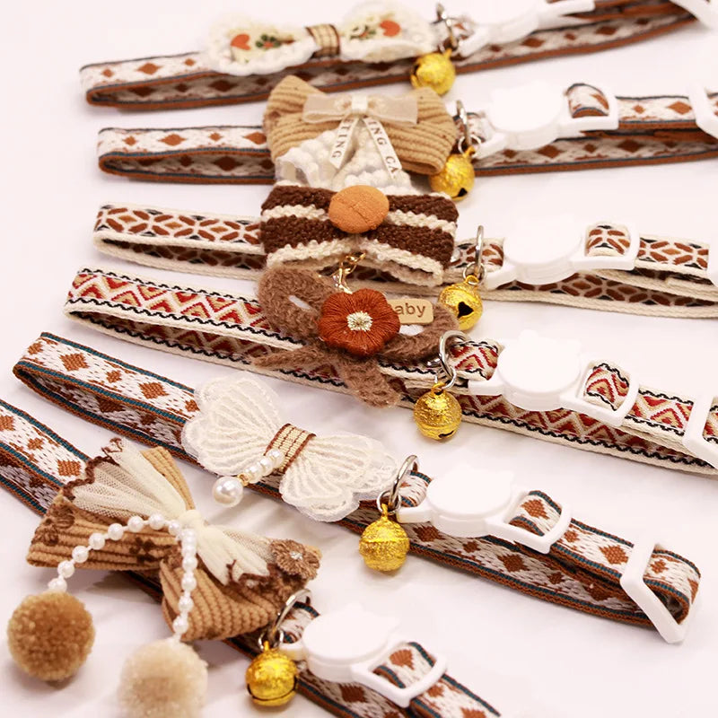 Safe Cat Collar with Bell, Bow Tie, Breakaway Safety Clasp Pet Accessories Lace Kitten Necklace for Cats Puppy Small Dogs