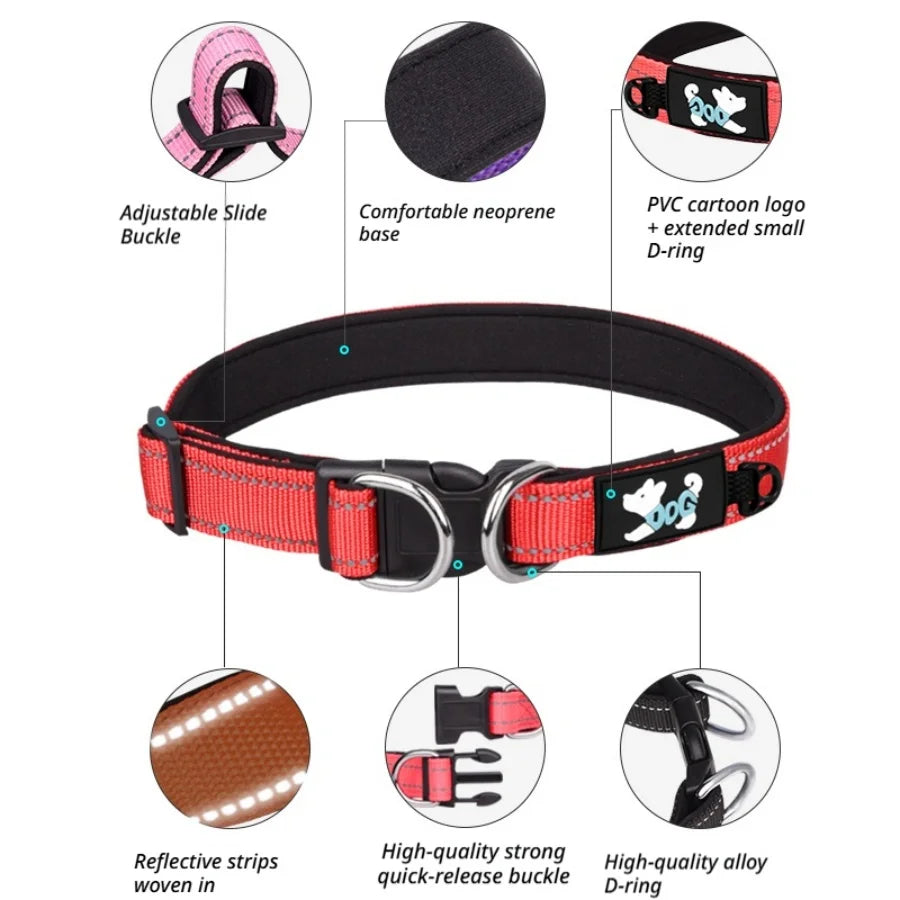 Reflective Comfort Lined Dog Collar with Double D-Ring for Medium to Small Dogs Adjustable Pet Leash for Enhanced Visibility