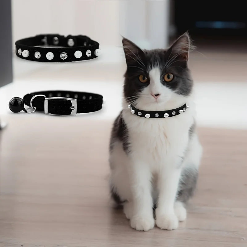 1pc Pet Cat Pearl Rhinestone Adjustable Collar with Cat Bell Cute Small Dog Necklace