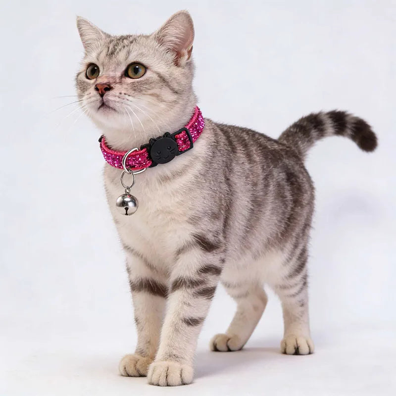 Pet Collar with Bell Cat Dog Glitter Sequin Breakaway Adjustable Small Dog Kitten Collar Puppy Daily Wear Walking Neck Strap