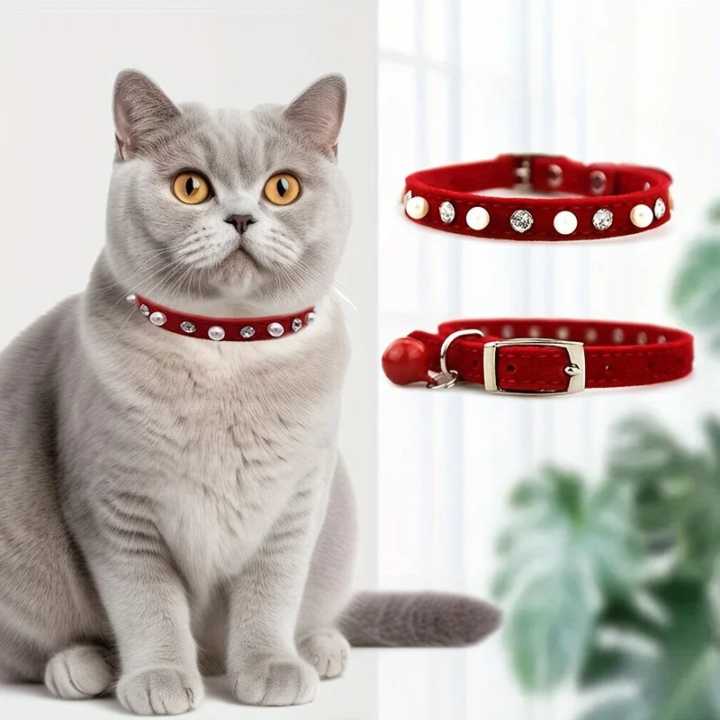 1pc Pet Cat Pearl Rhinestone Adjustable Collar with Cat Bell Cute Small Dog Necklace