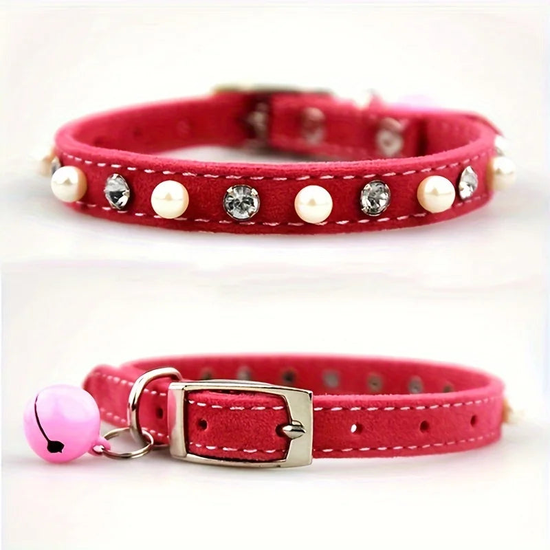 1pc Pet Cat Pearl Rhinestone Adjustable Collar with Cat Bell Cute Small Dog Necklace