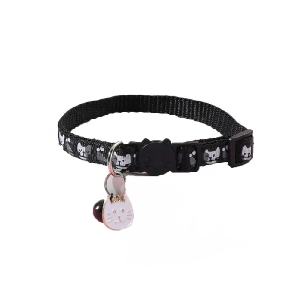 Adjustable Pet Cat Collar Safety Buckle Quick Release Anti-lost Cat Necklace with Cat Face Pendant Bell Cat Pattern
