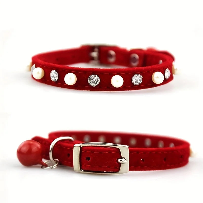 1pc Pet Cat Pearl Rhinestone Adjustable Collar with Cat Bell Cute Small Dog Necklace