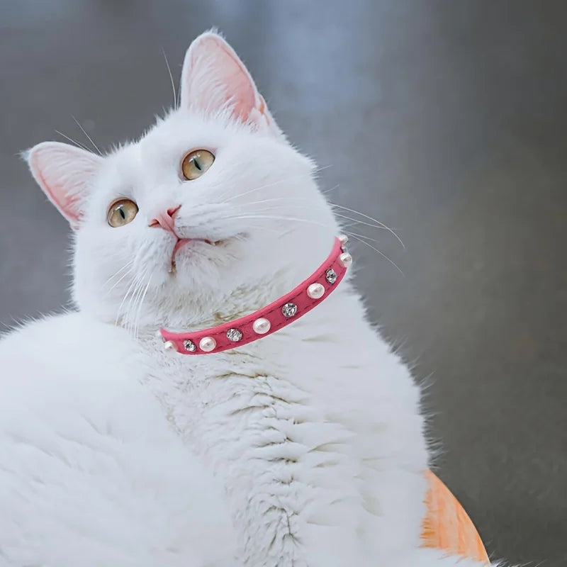 1pc Pet Cat Pearl Rhinestone Adjustable Collar with Cat Bell Cute Small Dog Necklace