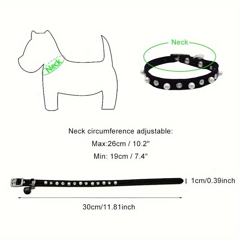 1pc Pet Cat Pearl Rhinestone Adjustable Collar with Cat Bell Cute Small Dog Necklace