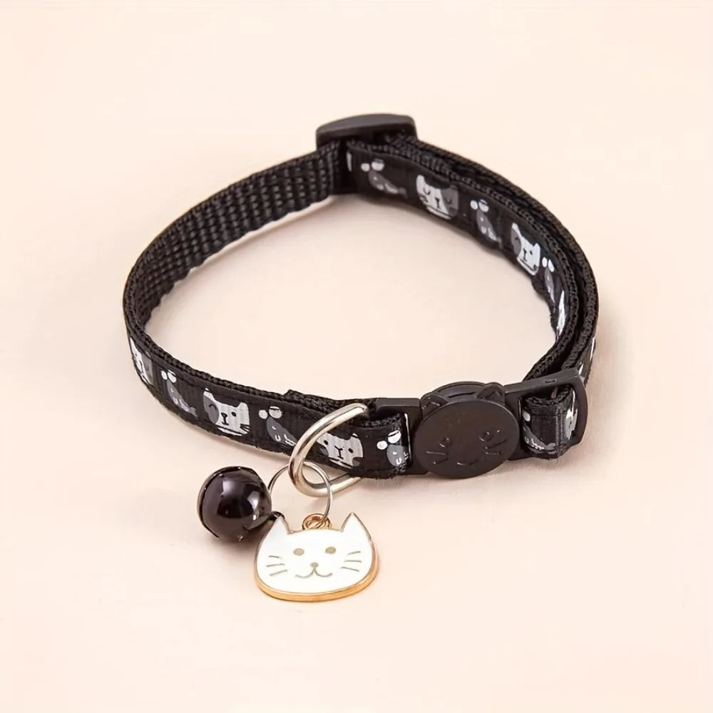 Adjustable Pet Cat Collar Safety Buckle Quick Release Anti-lost Cat Necklace with Cat Face Pendant Bell Cat Pattern