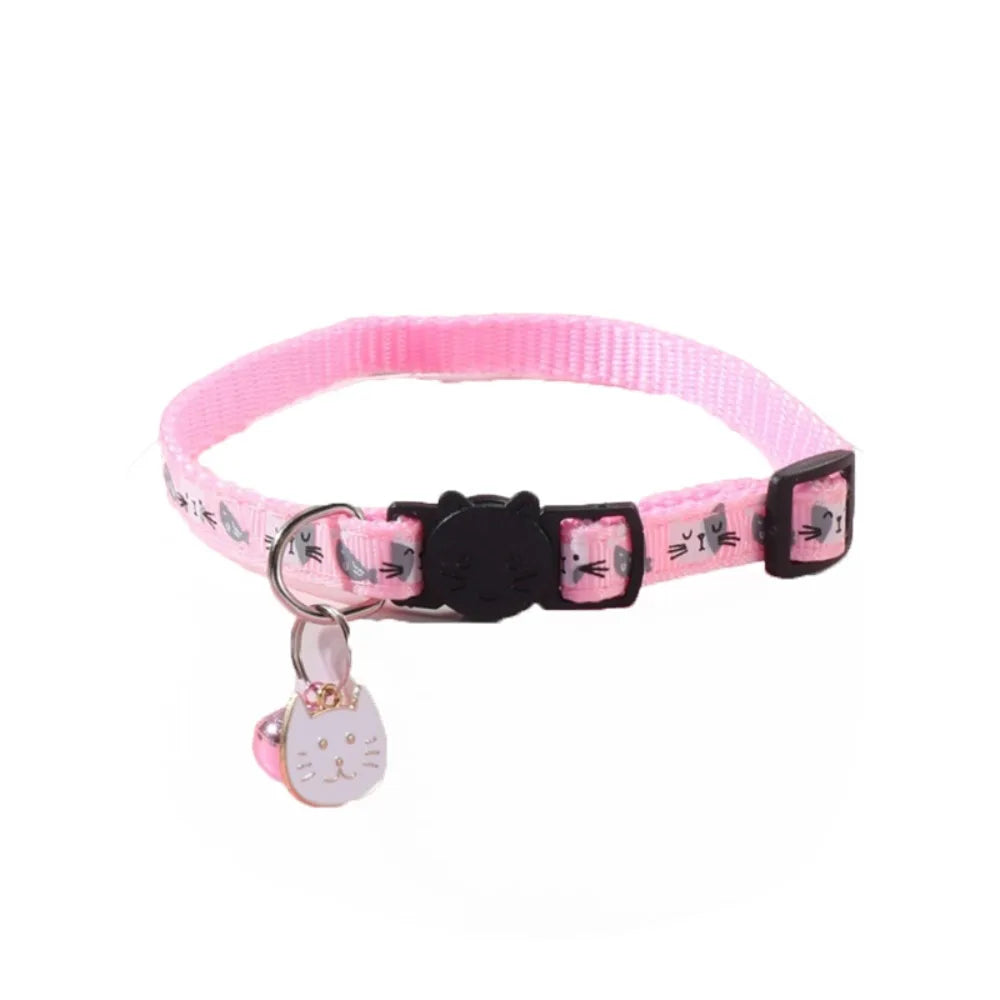 Adjustable Pet Cat Collar Safety Buckle Quick Release Anti-lost Cat Necklace with Cat Face Pendant Bell Cat Pattern