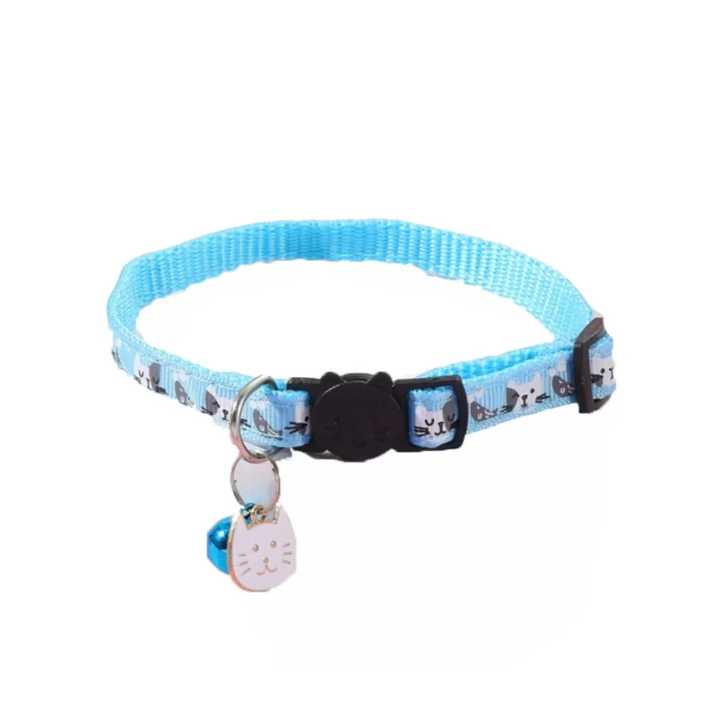 Adjustable Pet Cat Collar Safety Buckle Quick Release Anti-lost Cat Necklace with Cat Face Pendant Bell Cat Pattern