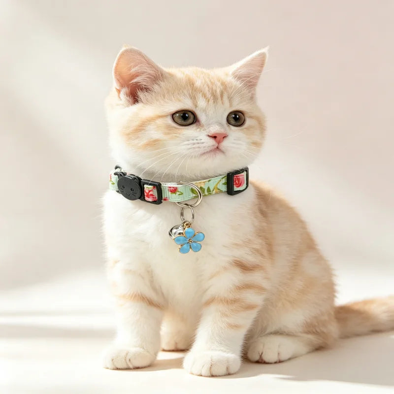 Cute Floral Cat Collar With Bell Adjustable Size Fashion Pet Neck Collar Safety Comfortable Kitten Accessories For Small Pets