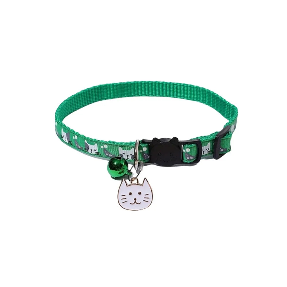 Adjustable Pet Cat Collar Safety Buckle Quick Release Anti-lost Cat Necklace with Cat Face Pendant Bell Cat Pattern