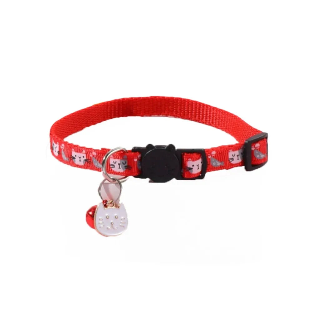 Adjustable Pet Cat Collar Safety Buckle Quick Release Anti-lost Cat Necklace with Cat Face Pendant Bell Cat Pattern