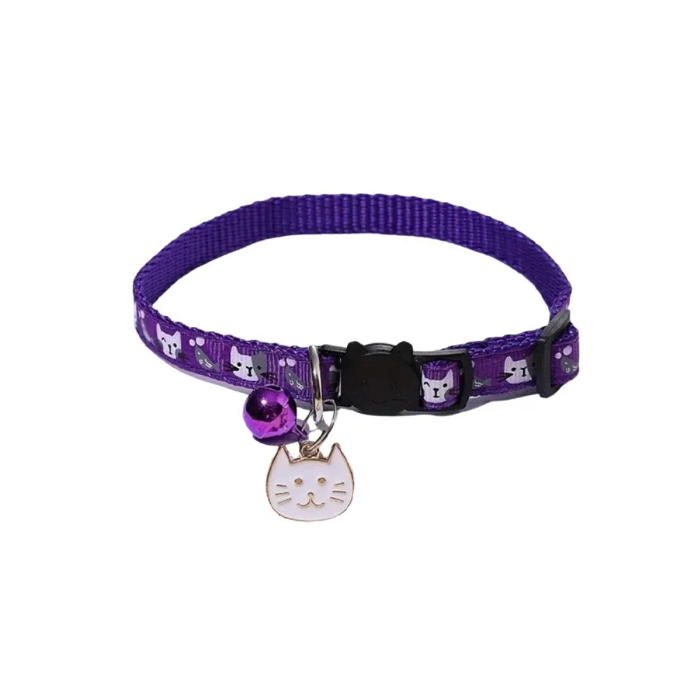 Adjustable Pet Cat Collar Safety Buckle Quick Release Anti-lost Cat Necklace with Cat Face Pendant Bell Cat Pattern
