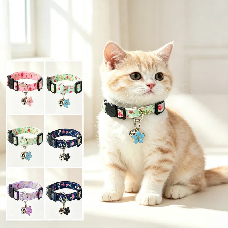 Cute Floral Cat Collar With Bell Adjustable Size Fashion Pet Neck Collar Safety Comfortable Kitten Accessories For Small Pets