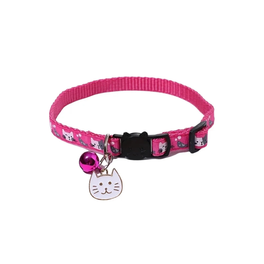 Adjustable Pet Cat Collar Safety Buckle Quick Release Anti-lost Cat Necklace with Cat Face Pendant Bell Cat Pattern