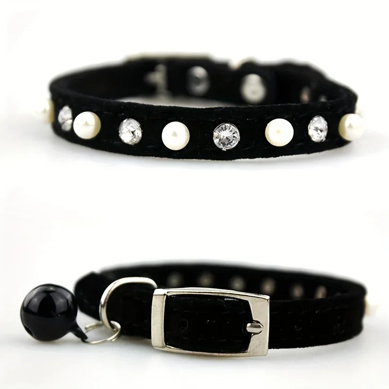 1pc Pet Cat Pearl Rhinestone Adjustable Collar with Cat Bell Cute Small Dog Necklace