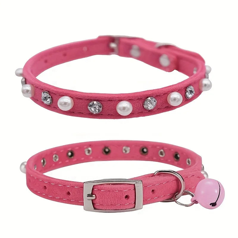 1pc Pet Cat Pearl Rhinestone Adjustable Collar with Cat Bell Cute Small Dog Necklace