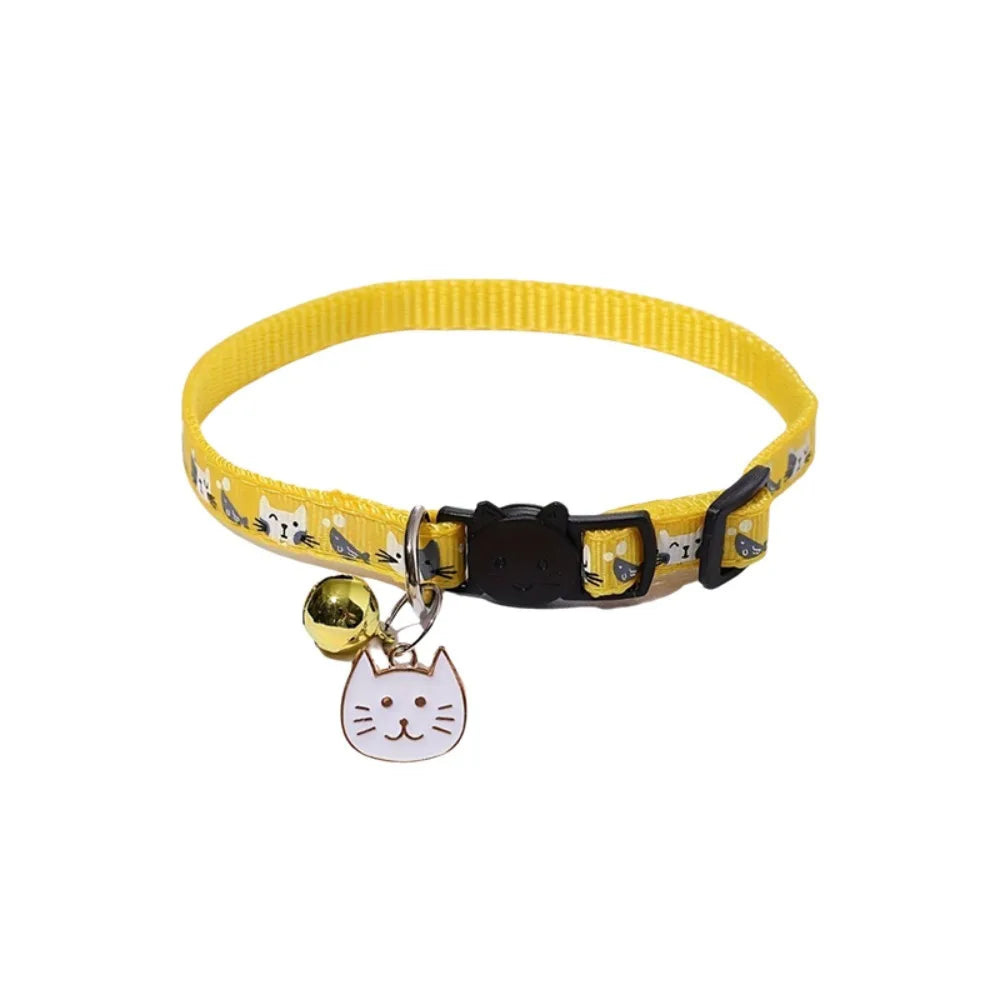 Adjustable Pet Cat Collar Safety Buckle Quick Release Anti-lost Cat Necklace with Cat Face Pendant Bell Cat Pattern