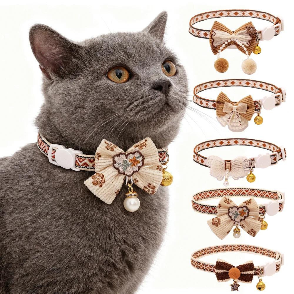 Safe Cat Collar with Bell, Bow Tie, Breakaway Safety Clasp Pet Accessories Lace Kitten Necklace for Cats Puppy Small Dogs