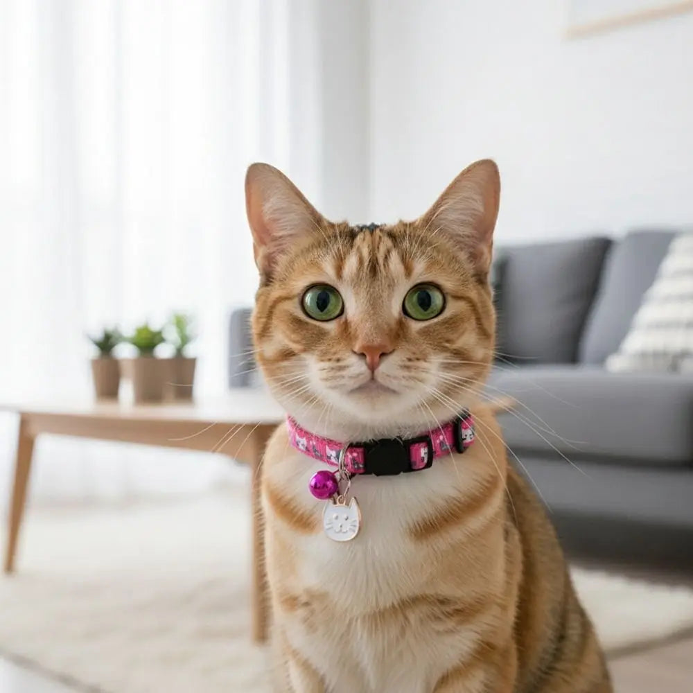 Adjustable Pet Cat Collar Safety Buckle Quick Release Anti-lost Cat Necklace with Cat Face Pendant Bell Cat Pattern