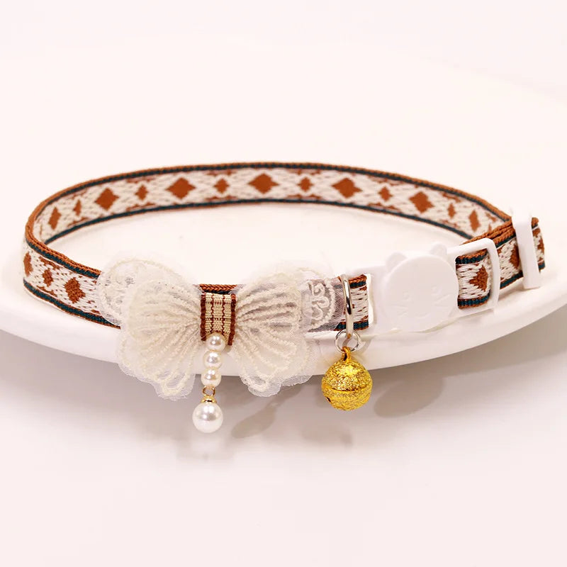 Safe Cat Collar with Bell, Bow Tie, Breakaway Safety Clasp Pet Accessories Lace Kitten Necklace for Cats Puppy Small Dogs