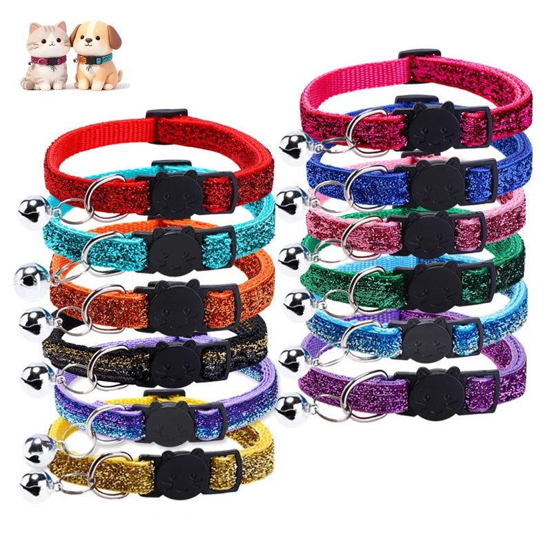 Pet Collar with Bell Cat Dog Glitter Sequin Breakaway Adjustable Small Dog Kitten Collar Puppy Daily Wear Walking Neck Strap