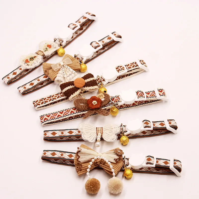 Safe Cat Collar with Bell, Bow Tie, Breakaway Safety Clasp Pet Accessories Lace Kitten Necklace for Cats Puppy Small Dogs