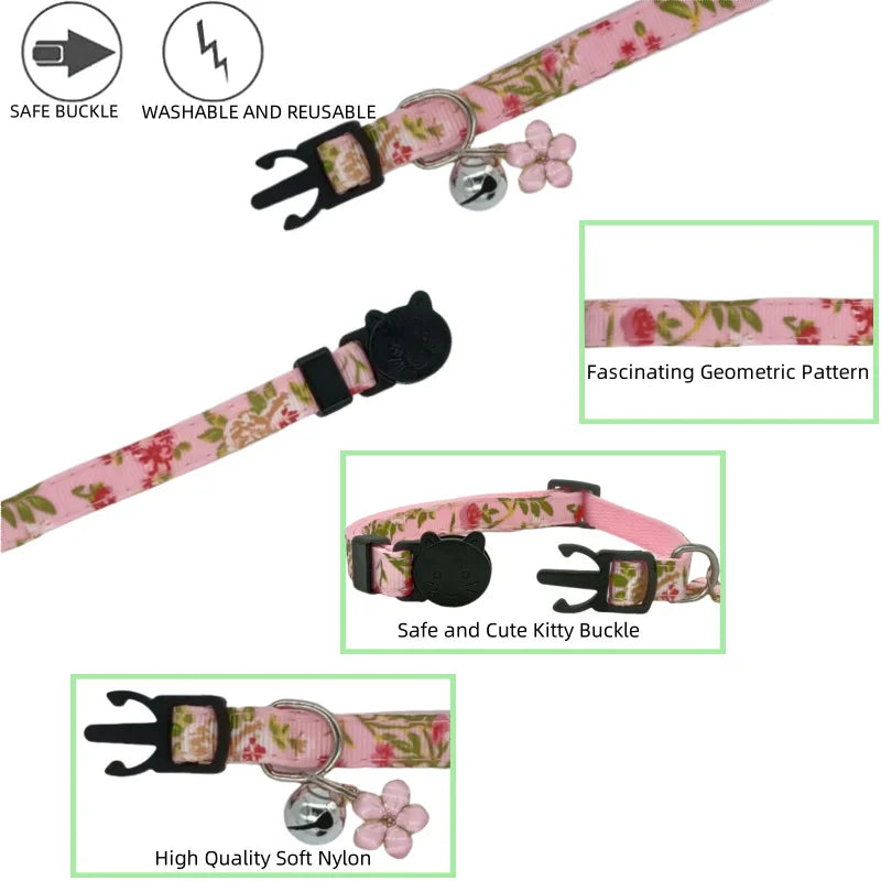 Cute Floral Cat Collar With Bell Adjustable Size Fashion Pet Neck Collar Safety Comfortable Kitten Accessories For Small Pets