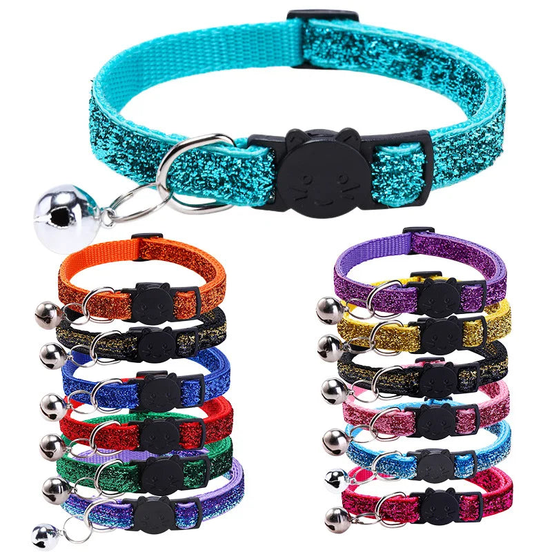 Pet Collar with Bell Cat Dog Glitter Sequin Breakaway Adjustable Small Dog Kitten Collar Puppy Daily Wear Walking Neck Strap
