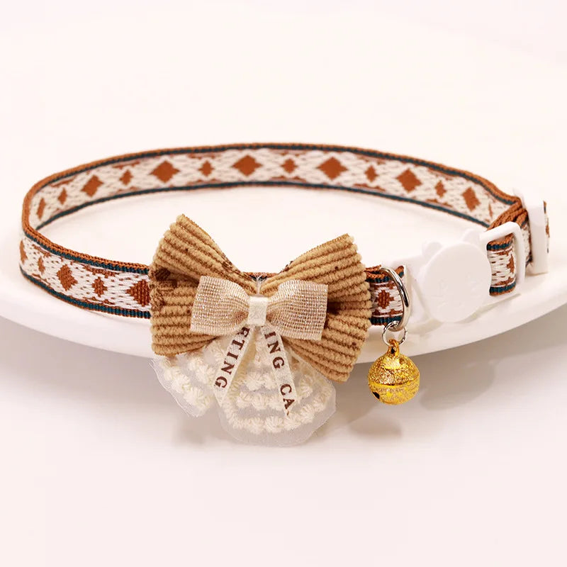 Safe Cat Collar with Bell, Bow Tie, Breakaway Safety Clasp Pet Accessories Lace Kitten Necklace for Cats Puppy Small Dogs